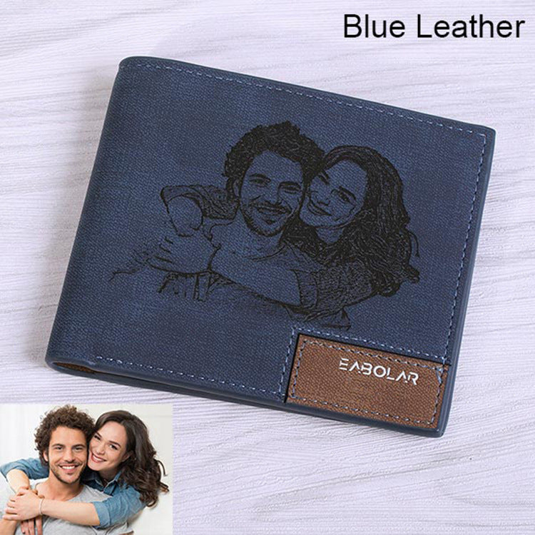 Engraving men Personalized inscription Photo engraved short leather wallet - Echo Essence