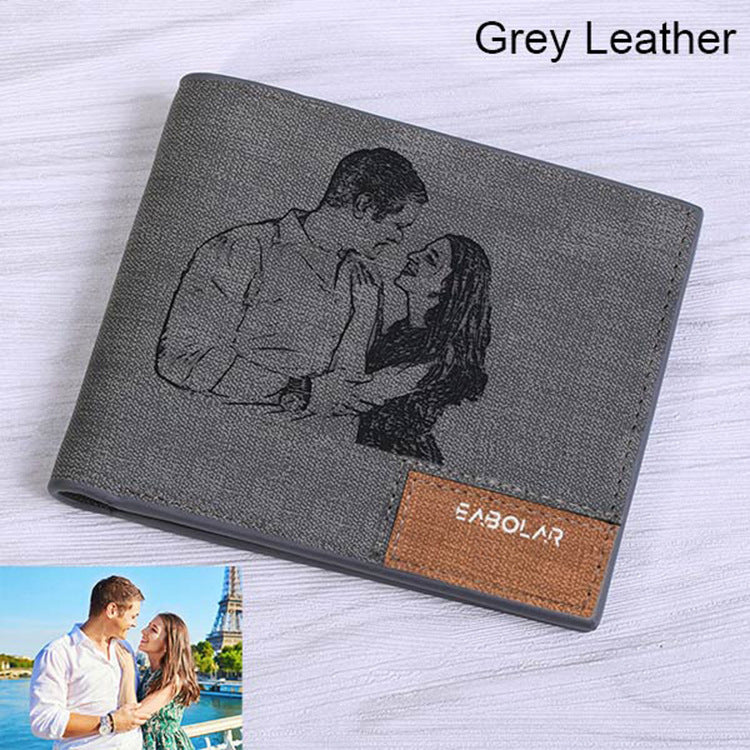 Engraving men Personalized inscription Photo engraved short leather wallet - Echo Essence