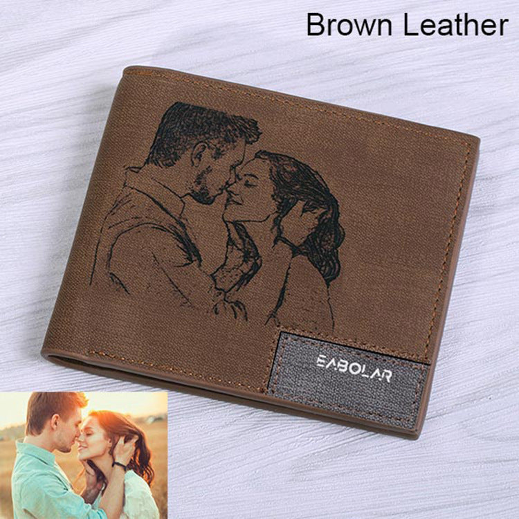 Engraving men Personalized inscription Photo engraved short leather wallet - Echo Essence