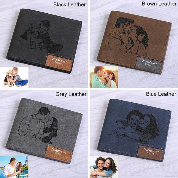 Engraving men Personalized inscription Photo engraved short leather wallet - Echo Essence