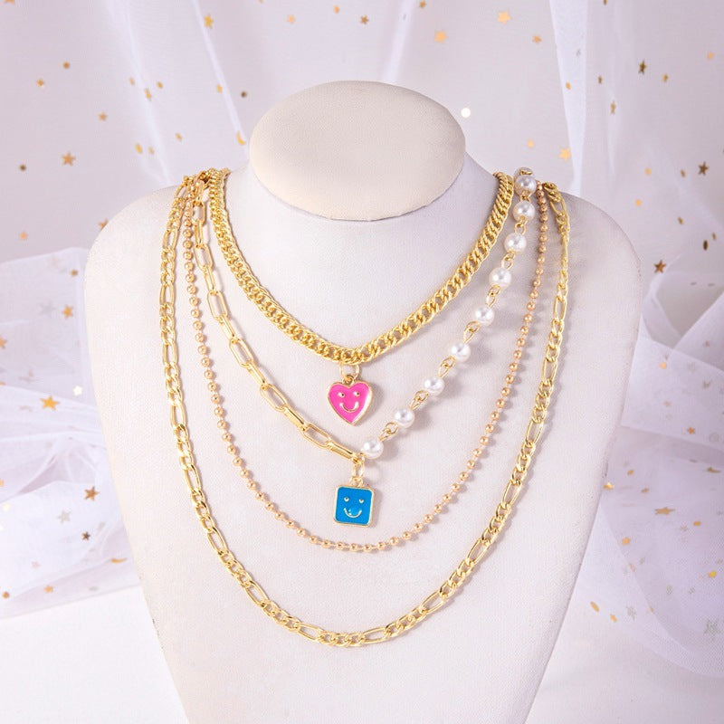 Enamel Smiley Face Charms Pearl Necklace - Echo Essence